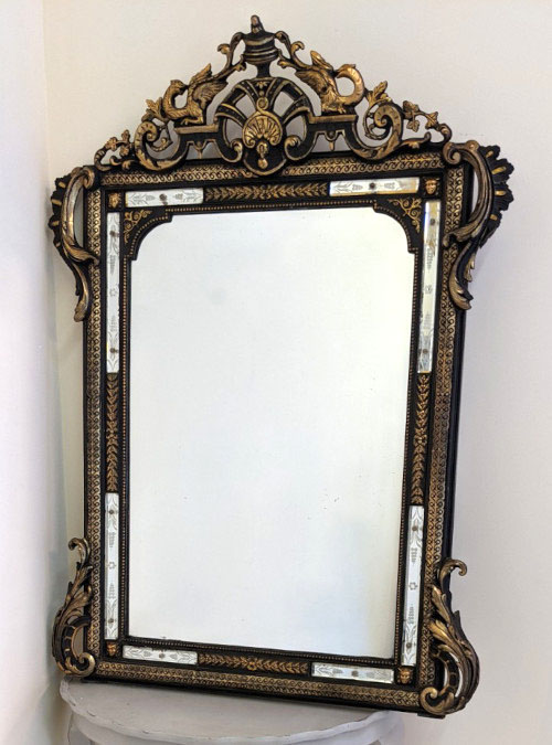 French antique black and gold mirror